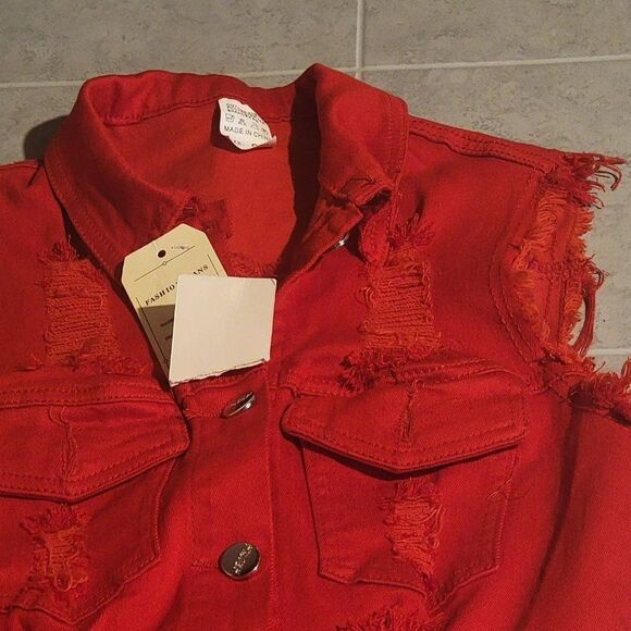 Aroma  Womens Red Sleeveless Pockets Button Fringe Jeans Vest Dress Size Small - Picture 6 of 7